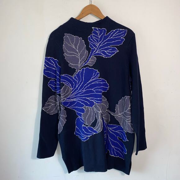 Chico’s Navy Blue Floral Sweater Tunic SZ L Zip Back Long Sleeve Cotton Blend - Picture 2 of 10